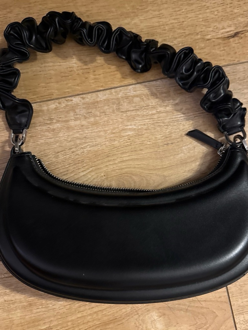 Zara Black Ruched-Handle Crescent Bag